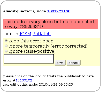 Információs  ablak a hibaüzenettel, linkekkel a szerkesztő programokba és lehetőséggel a hiba érvénytelenségének jelölésére