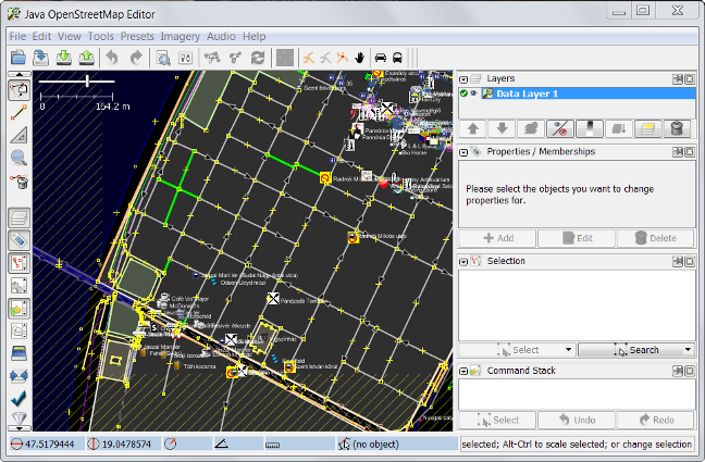 JOSM képernyőfotó a letöltött térképpel